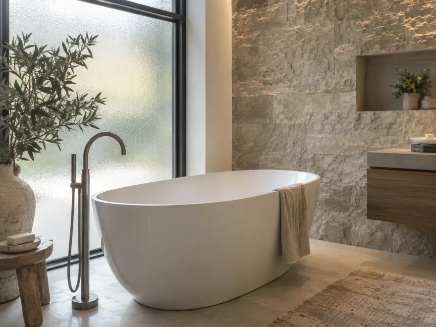 Freestanding Bath Against Stone Wall