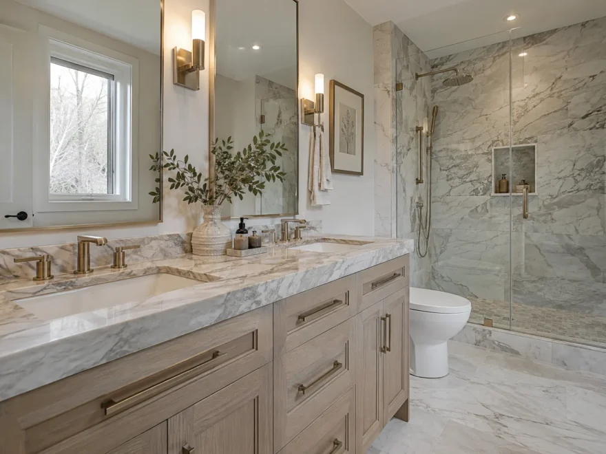 Pale Stone Bathroom with Double Vanity