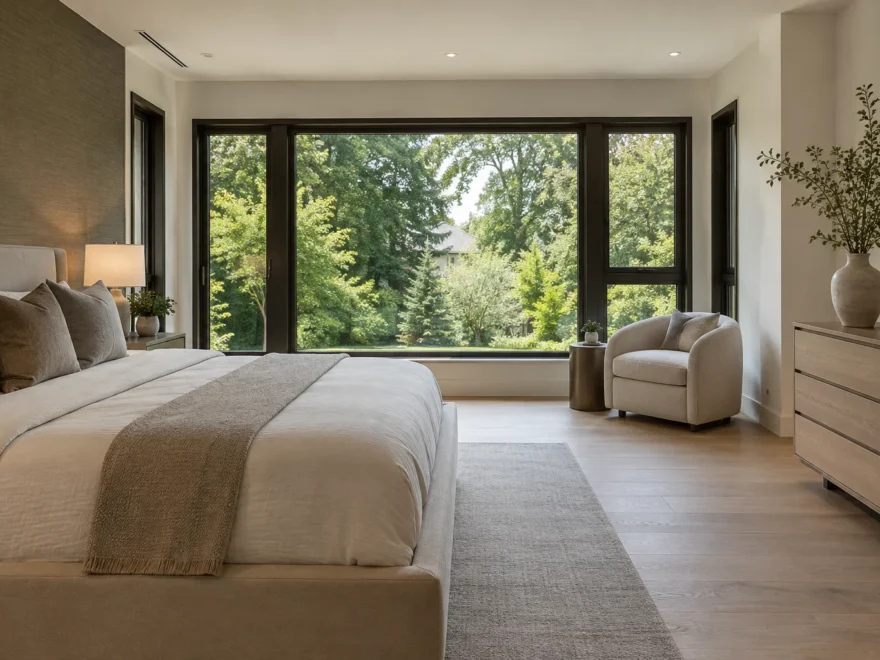 Bedroom with Shelving and Garden View