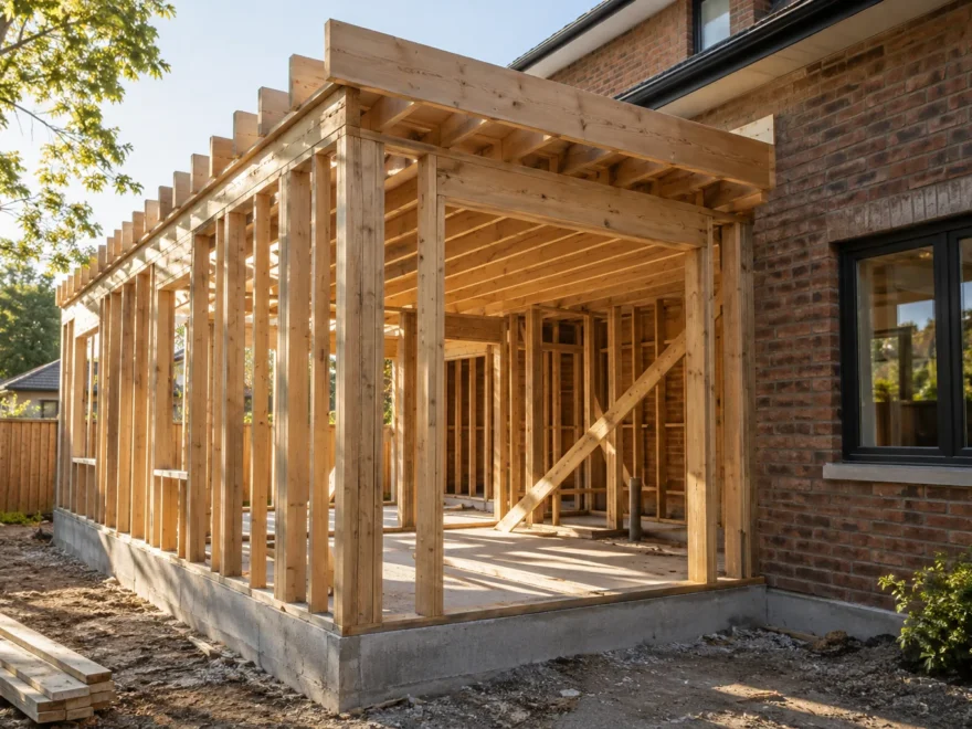 Timber Framing Beside Brick Home