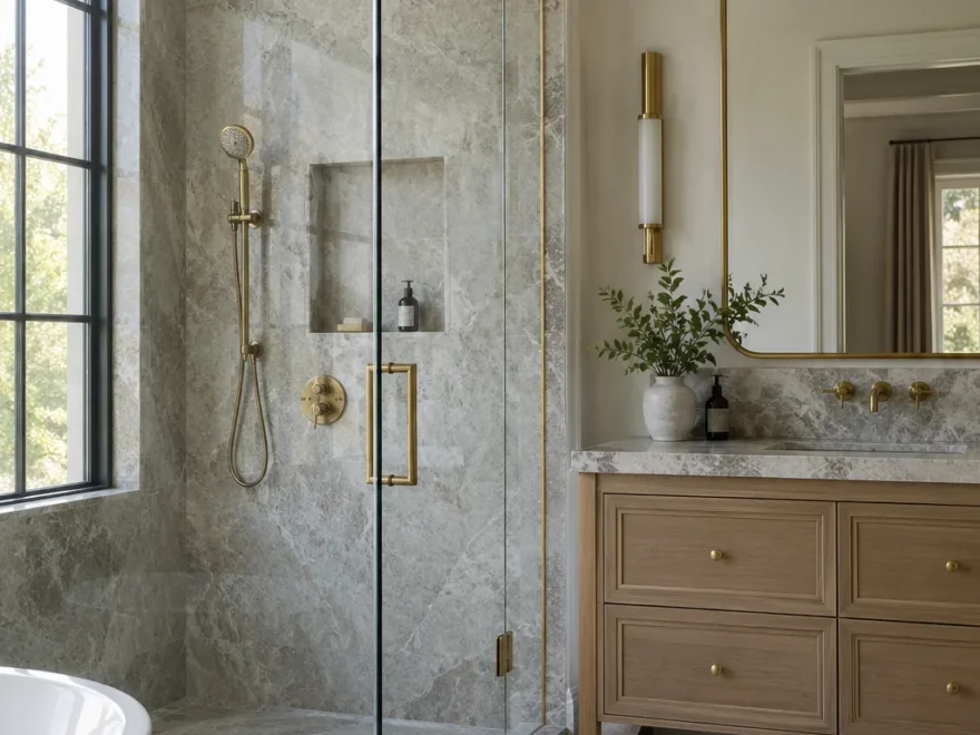 Stone Shower with Glass Enclosure