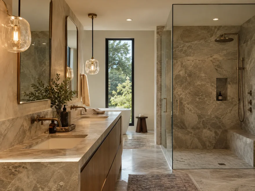 Stone Vanity and Glass Shower