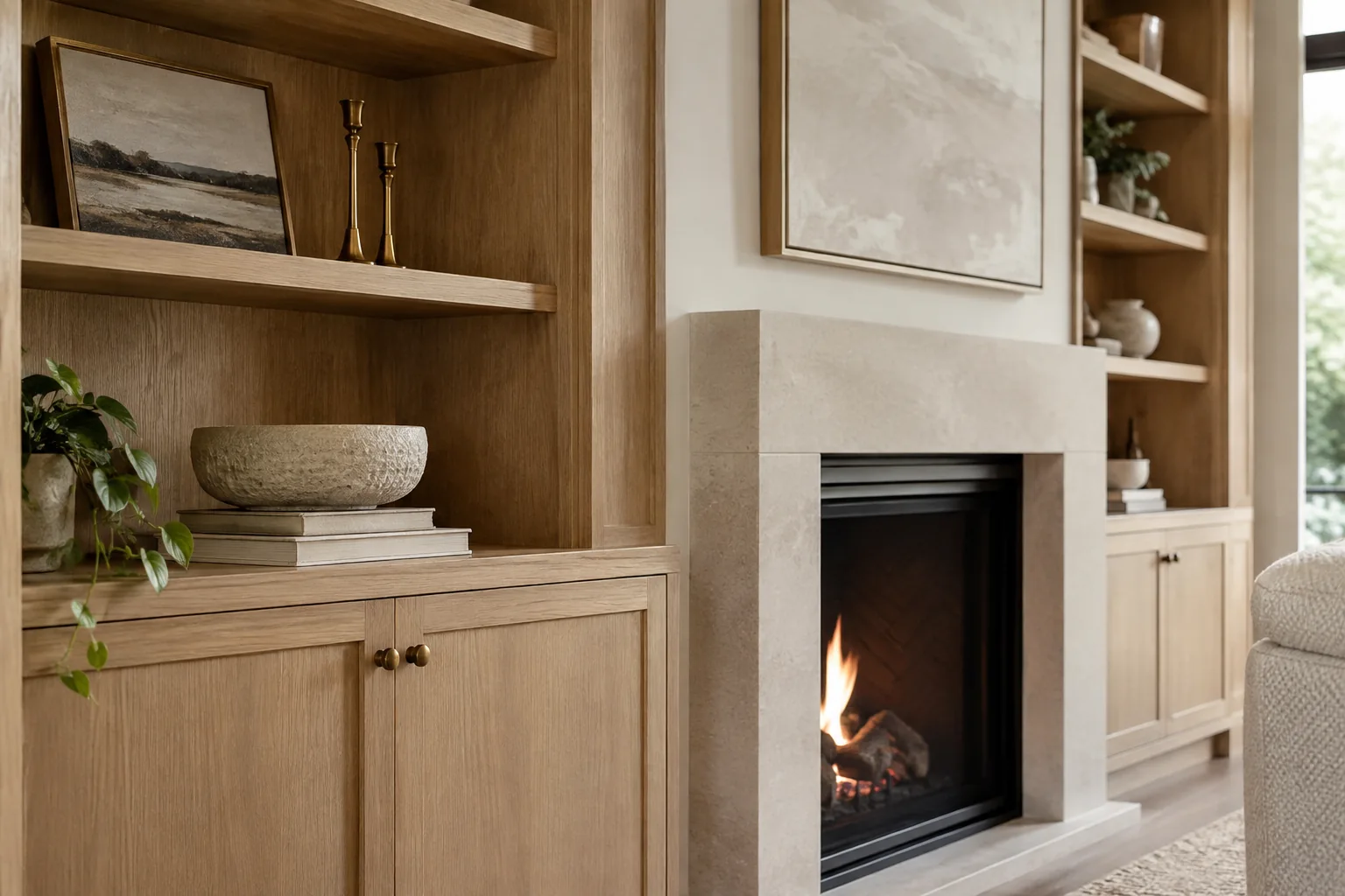 Built-In Shelving Beside Fireplace