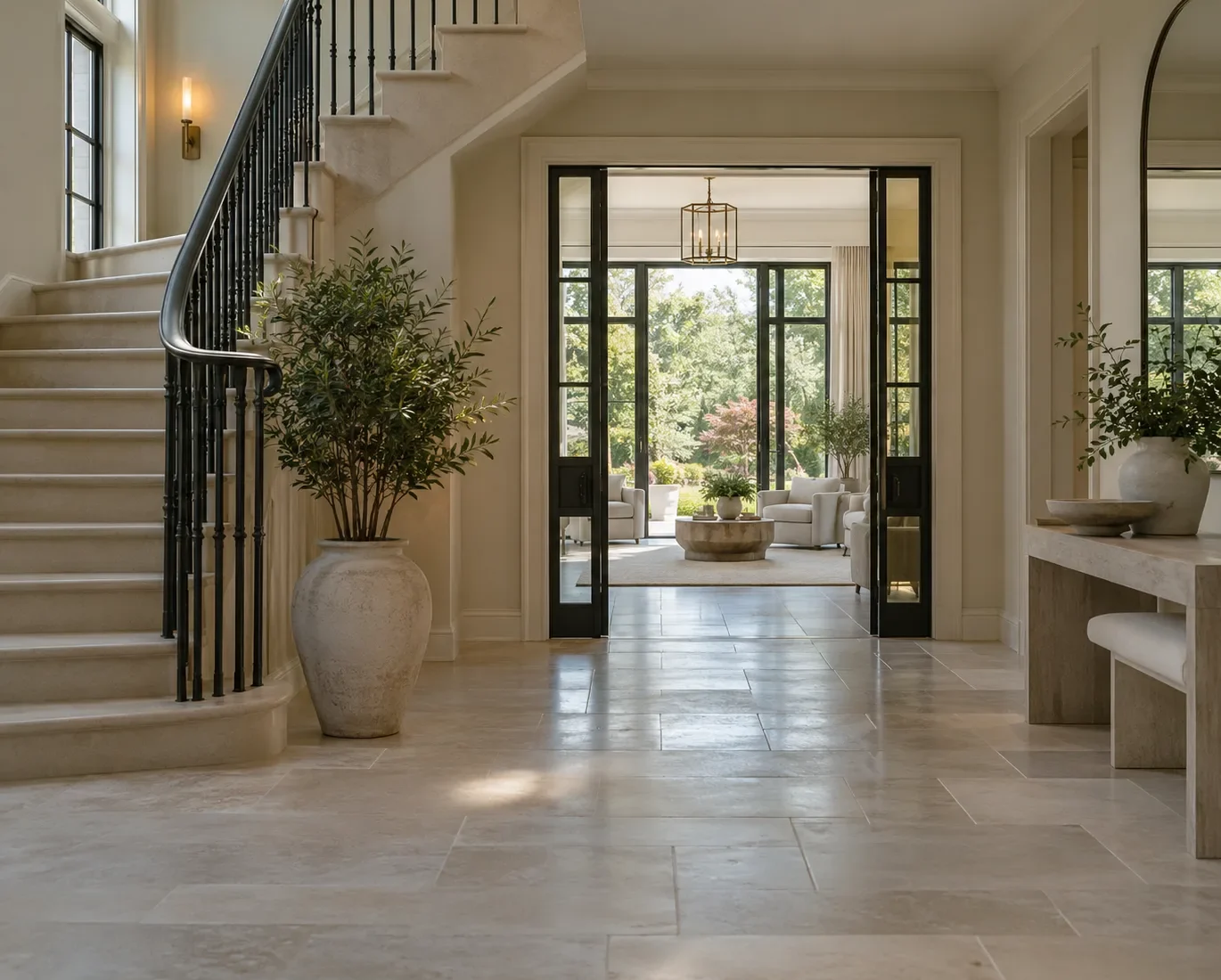 Limestone Foyer with Garden View