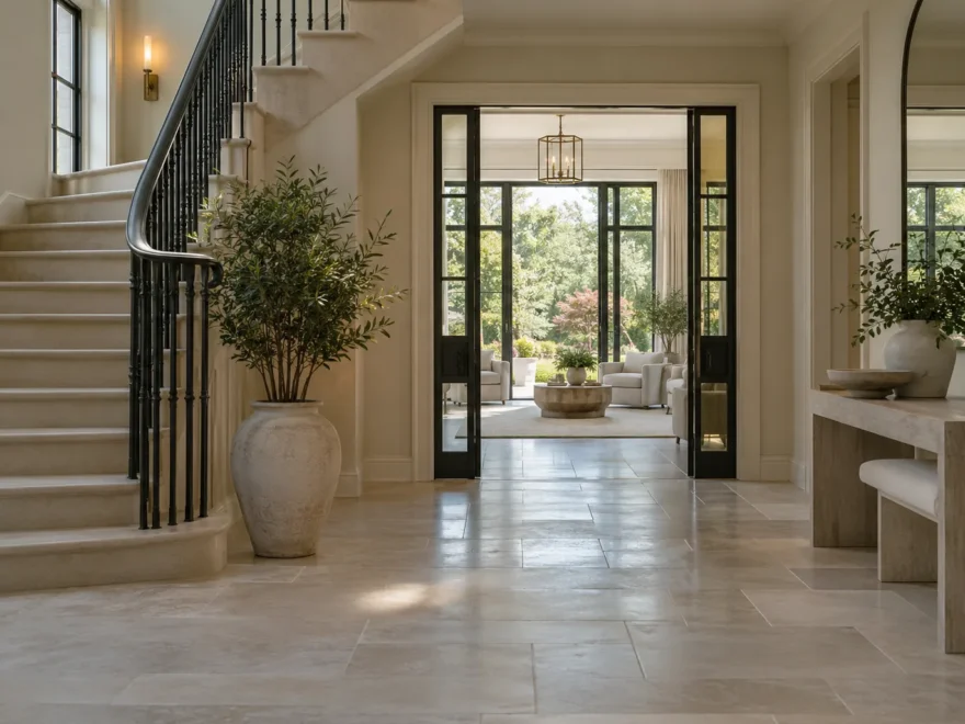 Limestone Foyer with Garden View