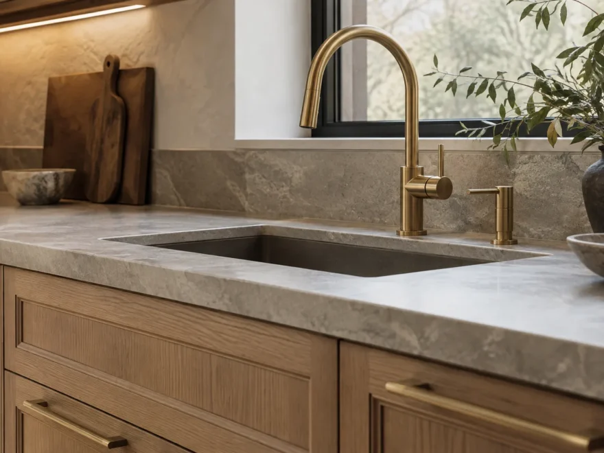 Stone Kitchen Sink and Bronze Tap