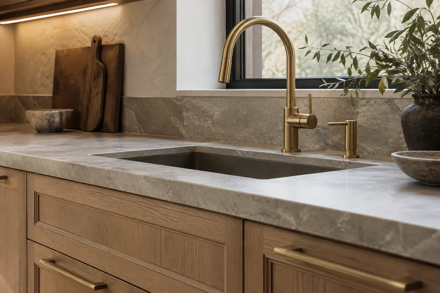 Stone Kitchen Sink and Bronze Tap