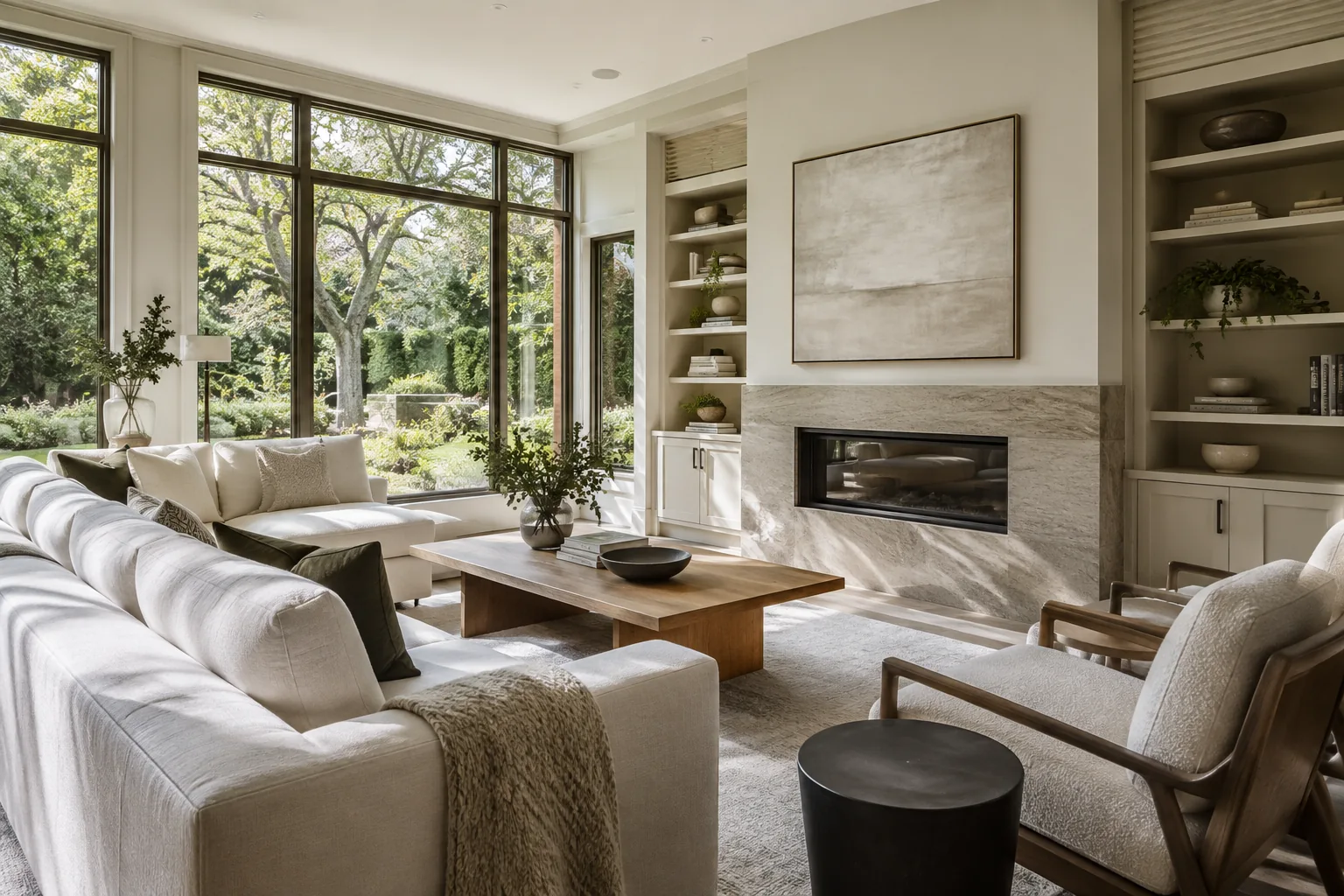 Family Room with Built-In Shelving