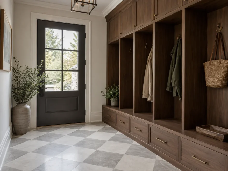Mudroom with Oak Storage and Stone Floor