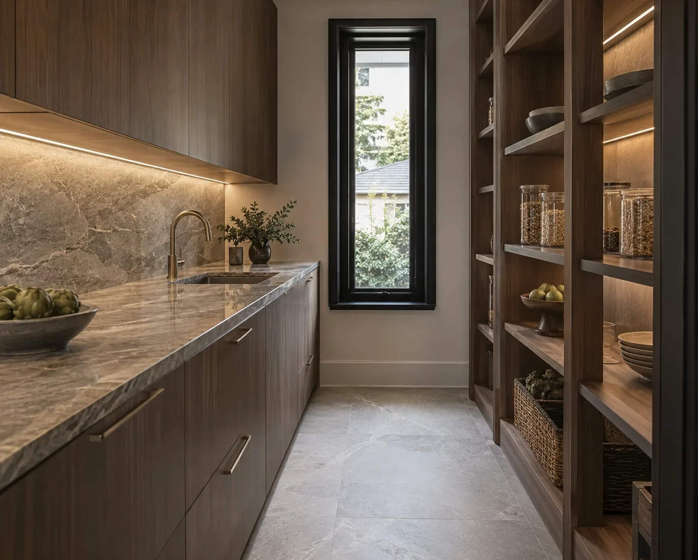 Stone Counter and Walnut Pantry