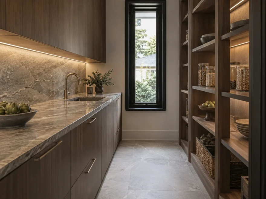 Stone Counter and Walnut Pantry